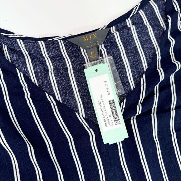 Mix By 41Hawthorn Top Womens 2X Blue Striped V-Neck Tie-Front NWT Nautical Flowy - Picture 2 of 10